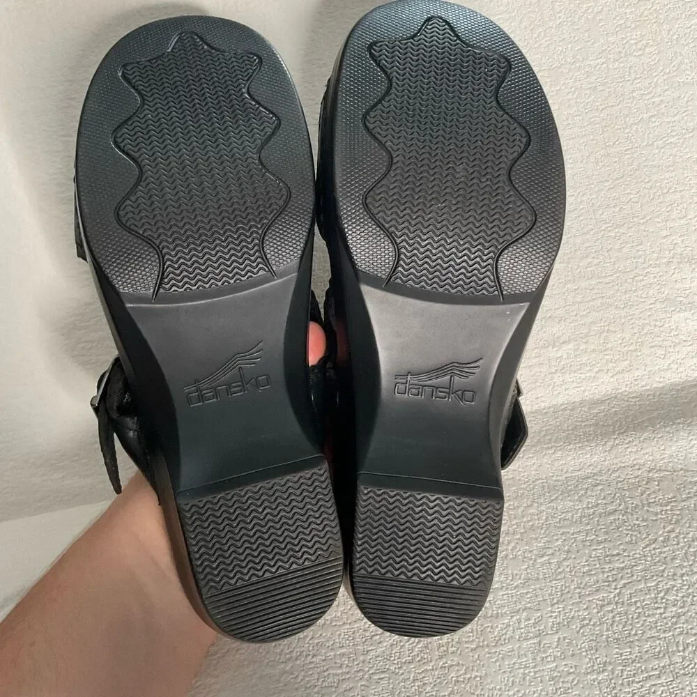 Dansko Sz 41 Sapphire Laser Cut  Black Slip-On Sandals 10,5-11 Buckle Wedge Heel